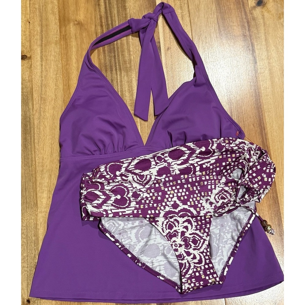 Jaclyn Smith Purple Halter Tankini Top with Patterned Bikini Bottom